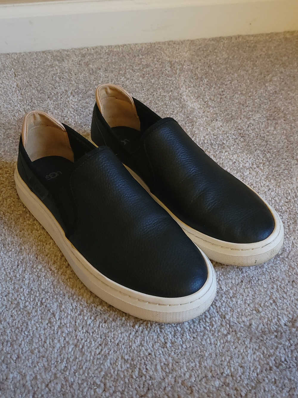 UGG Womens Black Leather Slip On Sneakers with Cream Sole